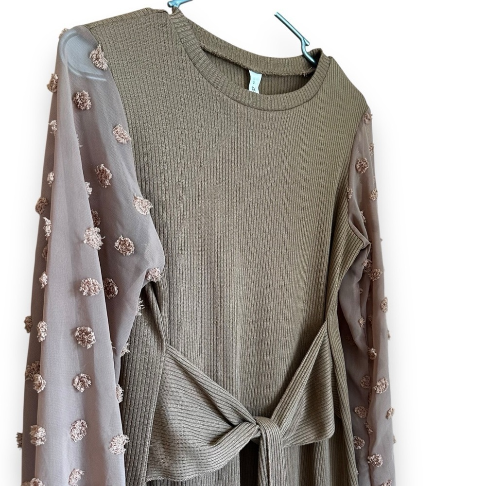 NWT Ribbed Tie Waist Sheer Polka Dot Sleeve Dress Caramel Brown Sz S - Picture 8 of 10